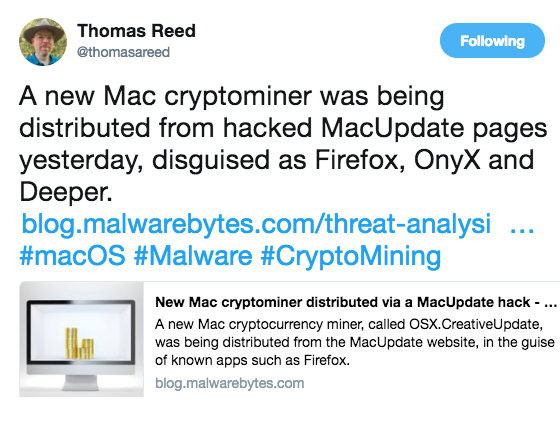 MacUpdate hacked to distribute Mac cryptominer