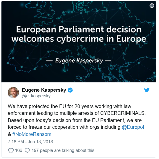 European Parliament votes in favor of a controversial motion, Kaspersky stops cooperation with Europol as a result